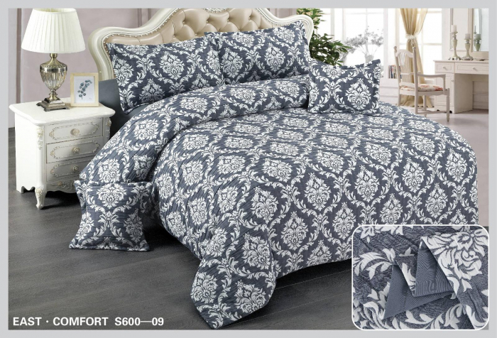 Lenjerie de pat Creponata,Pat dublu,cu Elastic,Gri cu frunzulite albe-S609 [1]