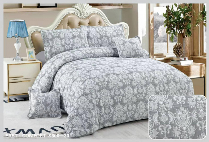 Lenjerie de pat Creponata,Pat dublu,cu Elastic,Gri Neutru cu imprimeu floral elegant-S630 [1]