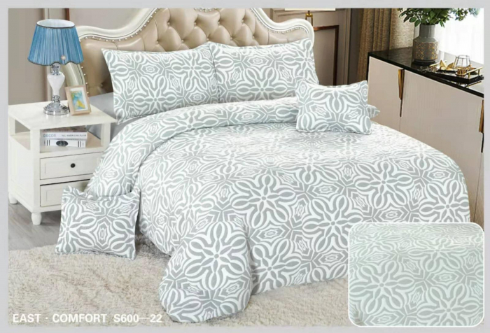 Lenjerie de pat Creponata,Pat dublu,cu Elastic,Gri-vernil cu imprimeu flora-S622 [1]