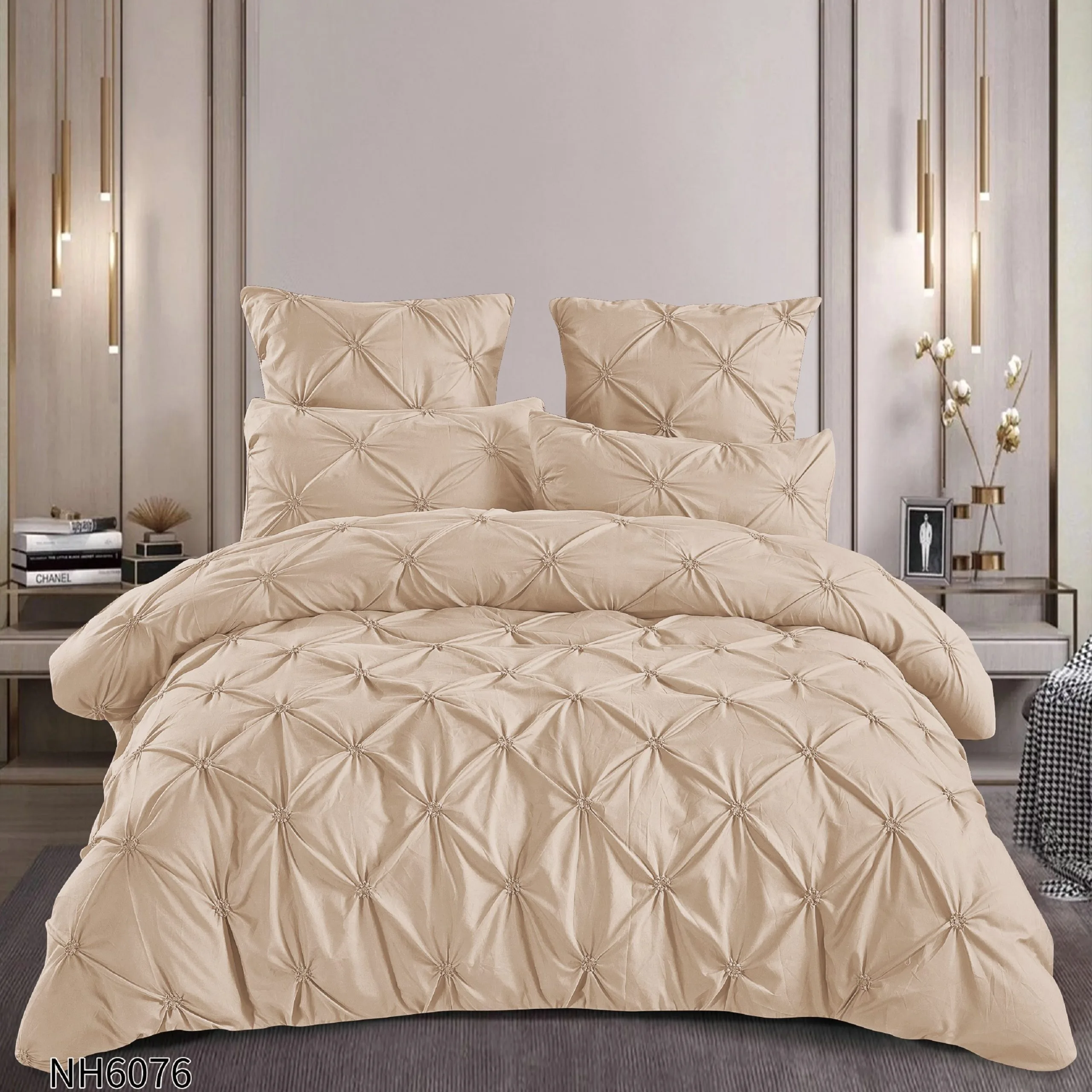 Lenjerie de pat cu Pliuri Elegante din finet,cearceaf cu ELASTIC,Bej -NH6076 [1]