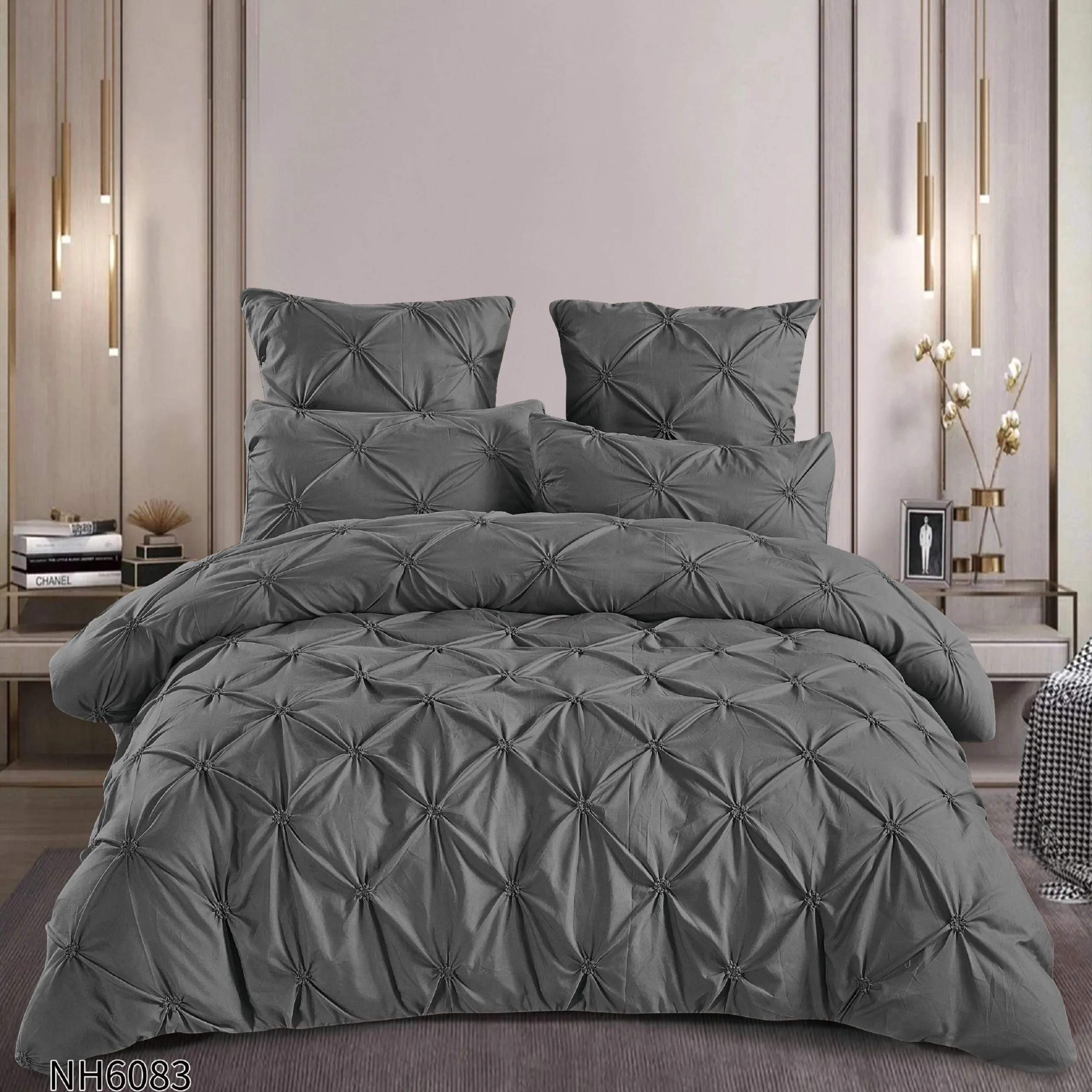 Lenjerie de pat cu Pliuri Elegante din finet,cearceaf cu ELASTIC,Gri inchis -NH6083 [1]