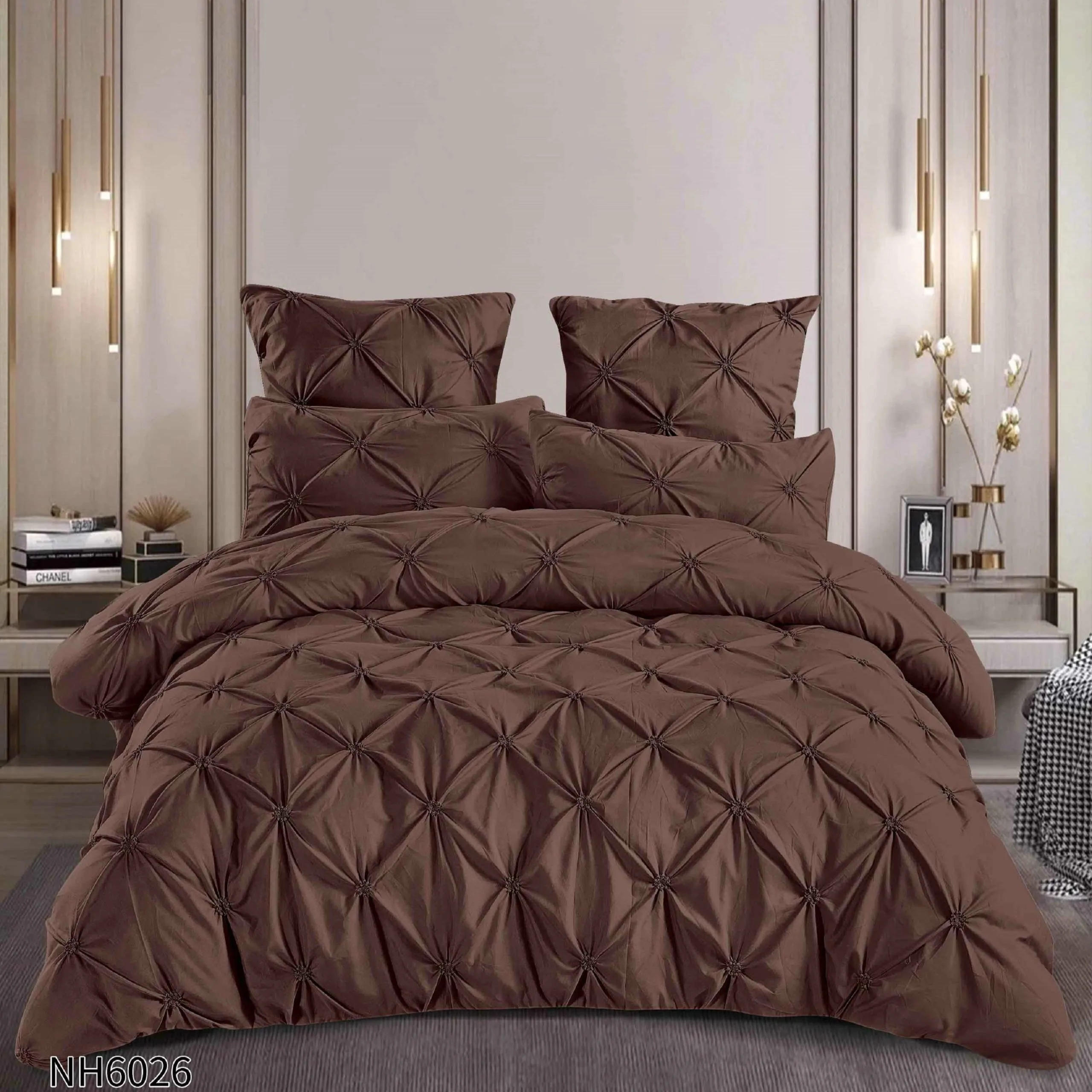 Lenjerie de pat cu Pliuri Elegante din finet,cearceaf cu ELASTIC,Maro-NH6026 [1]
