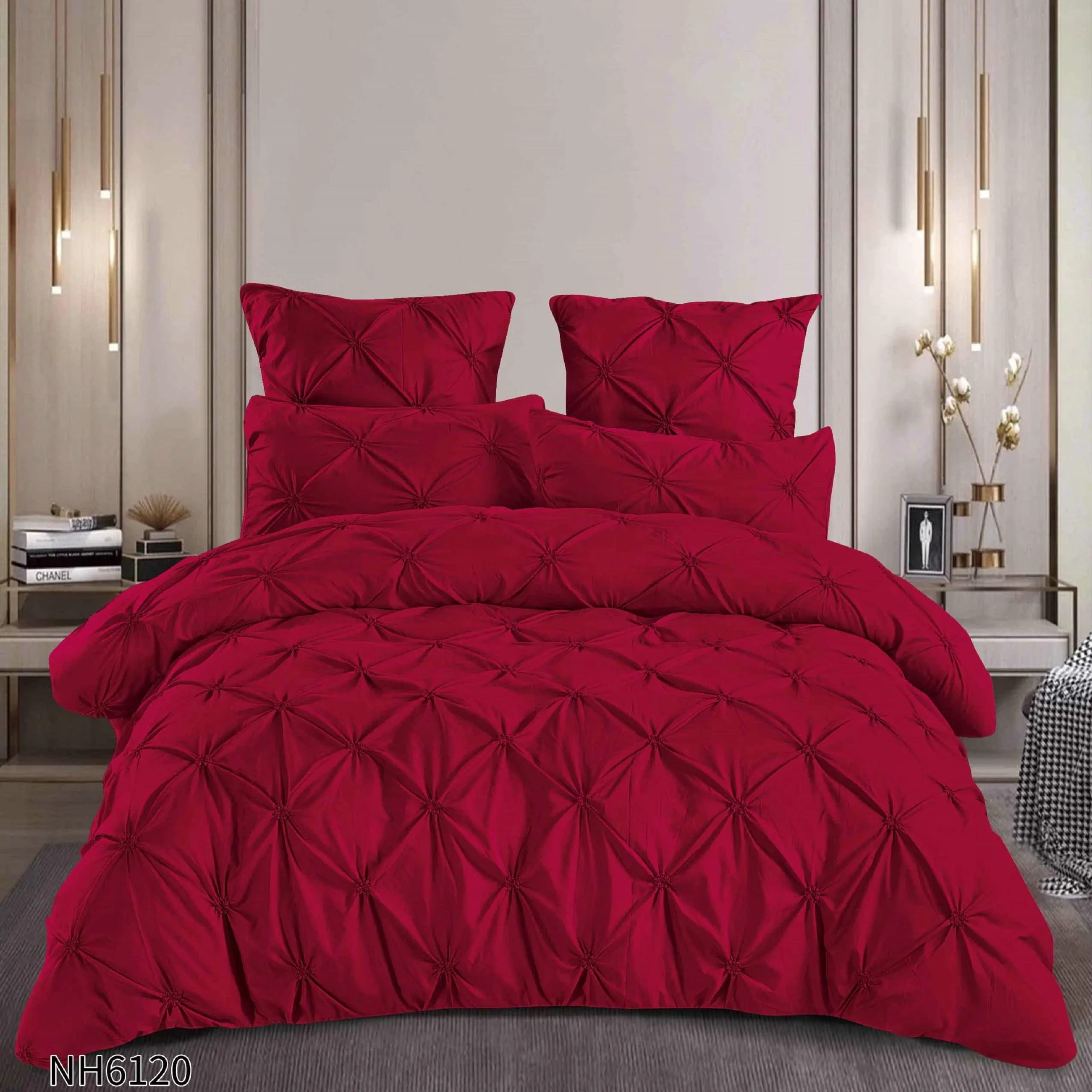 Lenjerie de pat cu Pliuri Elegante din finet,cearceaf cu ELASTIC,Rosu-NH6120 [1]