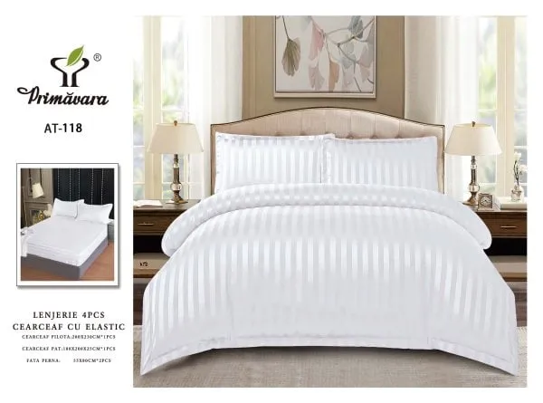 Lenjerie de pat Damasc,4 Piese,Cearceaf cu Elastic,Alb-RP118 [2]