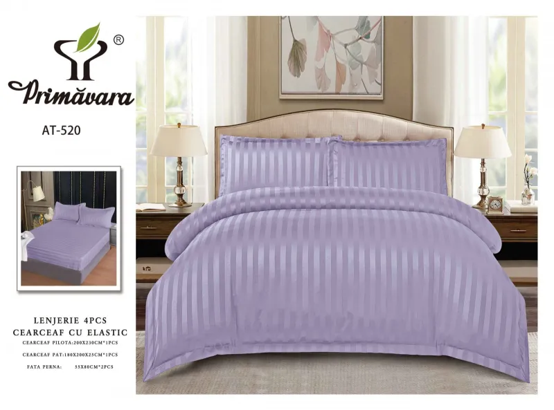 Lenjerie de pat Damasc,4 Piese,Cearceaf cu Elastic,Lila-RP520 [2]