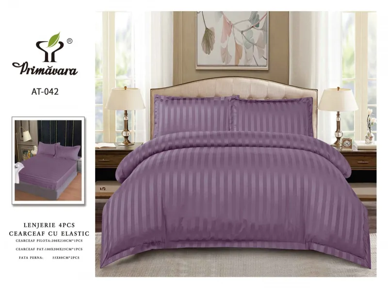 Lenjerie de pat Damasc,4 Piese,Cearceaf cu Elastic,Mov-RP42 [2]