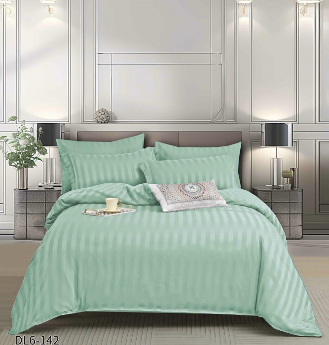Lenjerie de pat Damasc cu Elastic, Pat 2 Persoane, 6 Piese,Verde mint-QR17 [1]