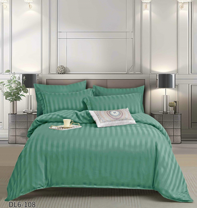 Lenjerie de pat Damasc cu Elastic, Pat 2 Persoane, 6 Piese,Verde-QR12 [1]