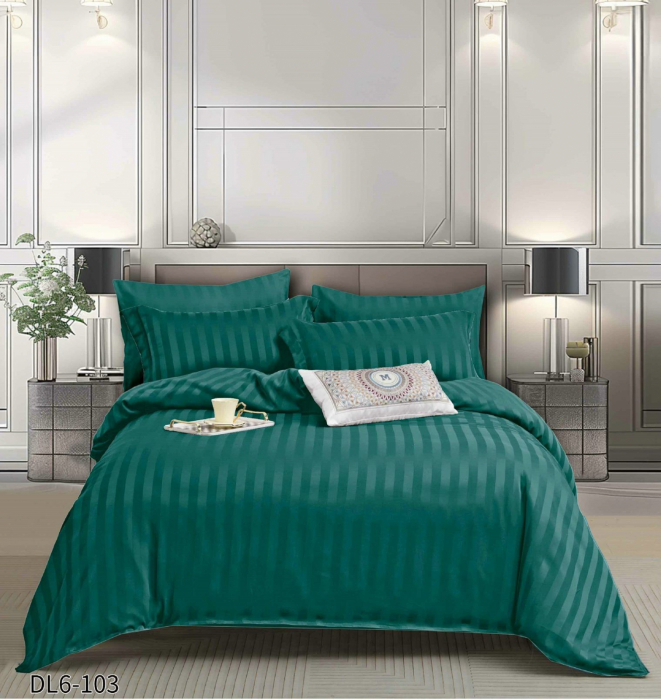 Lenjerie de pat Damasc cu Elastic, Pat 2 Persoane, 6 Piese,Verde Smarald-QR14 [1]