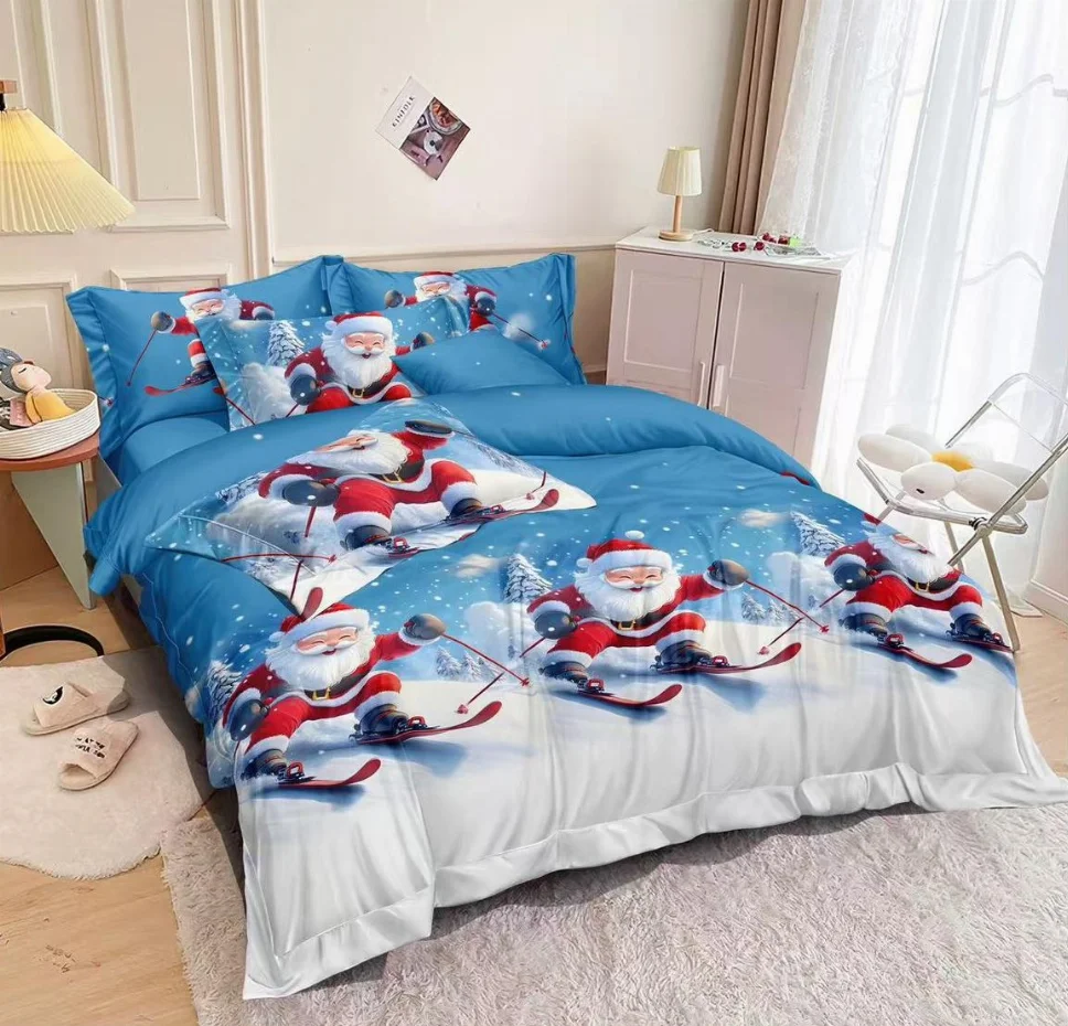 Lenjerie de pat din finet 6 piese, albastru cu Moș Crăciun schior-EX13 [1]