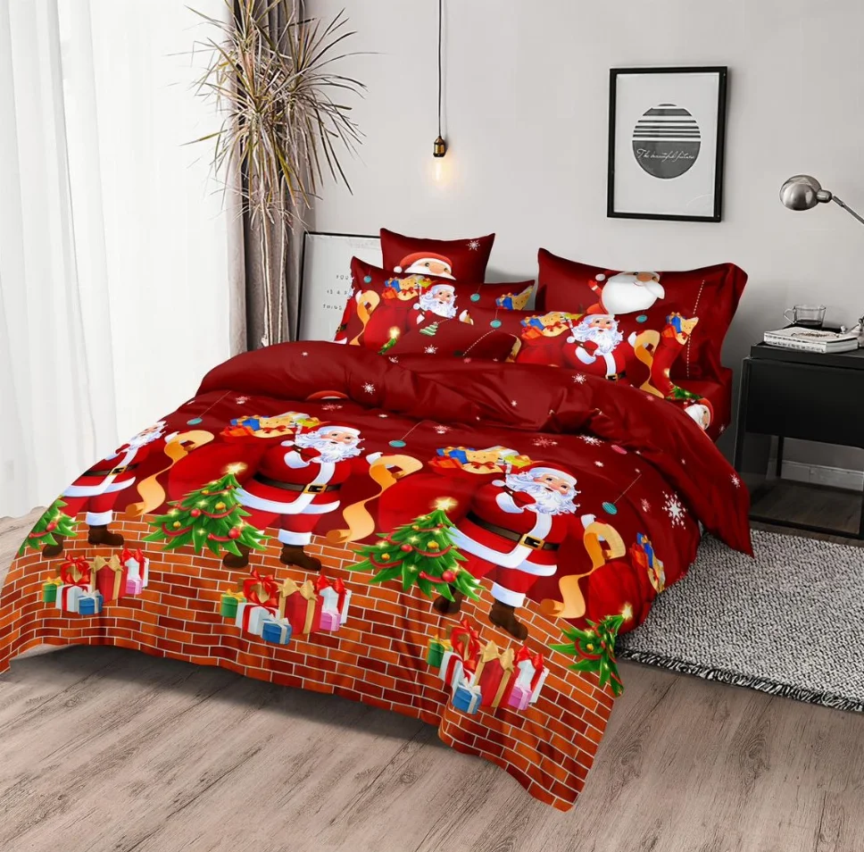 Lenjerie de pat din finet 6 piese, roșu cu Moș Crăciun și brăduți-EX20 [1]