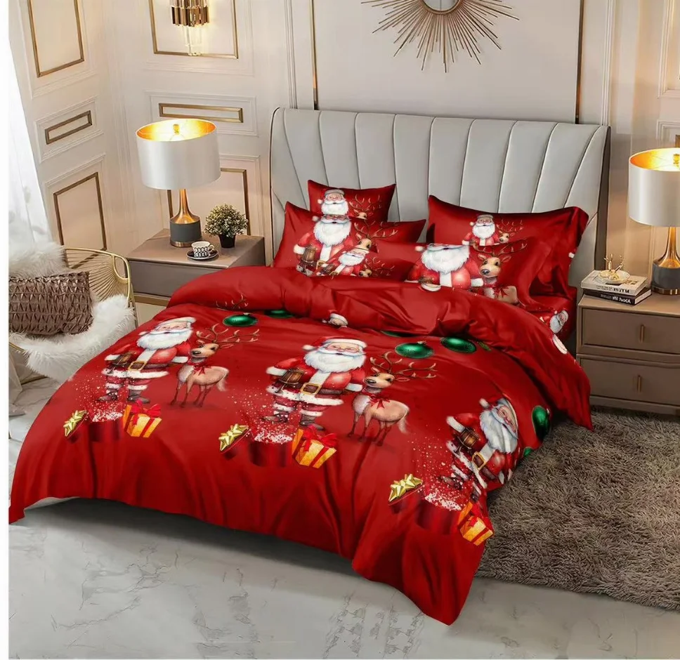 Lenjerie de pat din finet 6 piese, roșu cu Moș Crăciun și reni-EX22 [1]