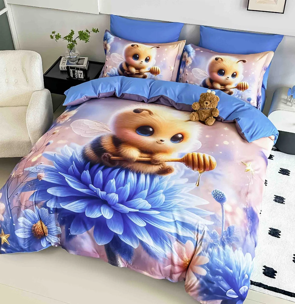 Lenjerie de pat din finet, albastre cu albine simpatică și flori-LD35 [1]