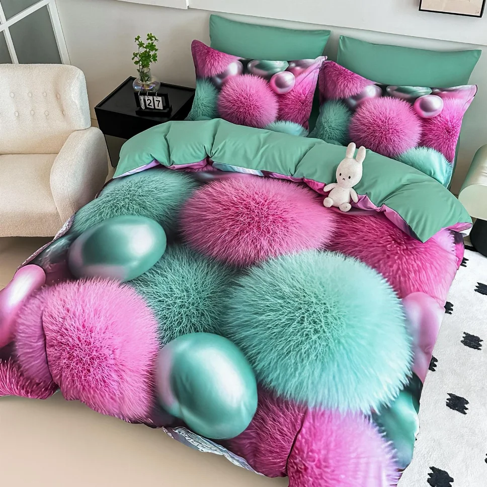 Lenjerie de pat din finet, roz și turcoaz pufos-LD13 [1]