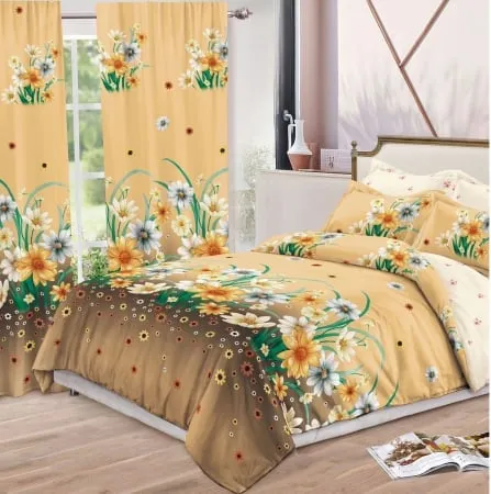 Lenjerie de pat Finet, 6 piese+ 2 Draperii CADOU,Bej,Flori de camp-FD18 [1]