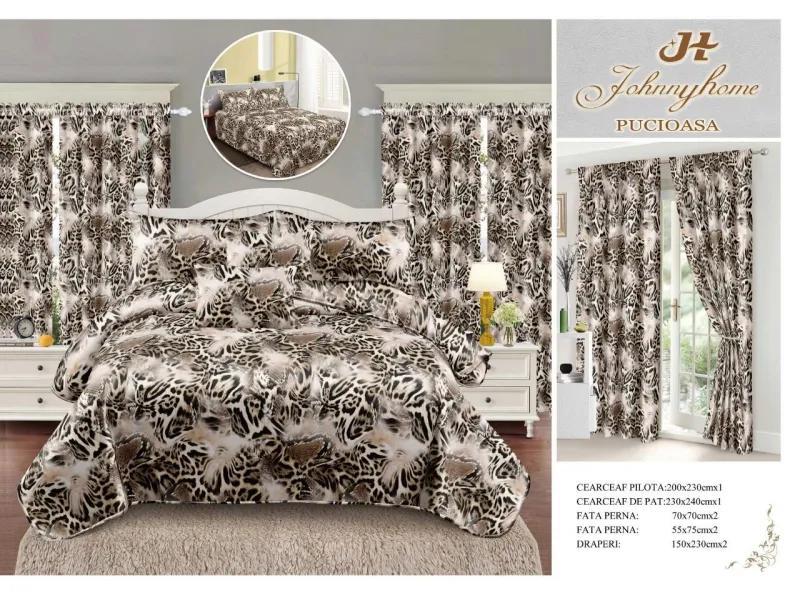 Lenjerie de pat Finet, 6 piese+ 2 Draperii CADOU,Maro,Leopard-FD20 [1]
