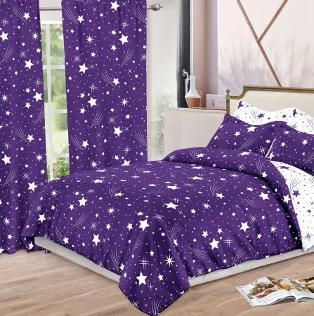 Lenjerie de pat Finet, 6 piese+ 2 Draperii CADOU,Mov Stelute-FD17 [1]