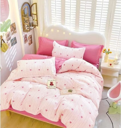 Lenjerie de pat Finet Pucioasa 6 piese,Alb/Roz cu inimioare-R499 [1]