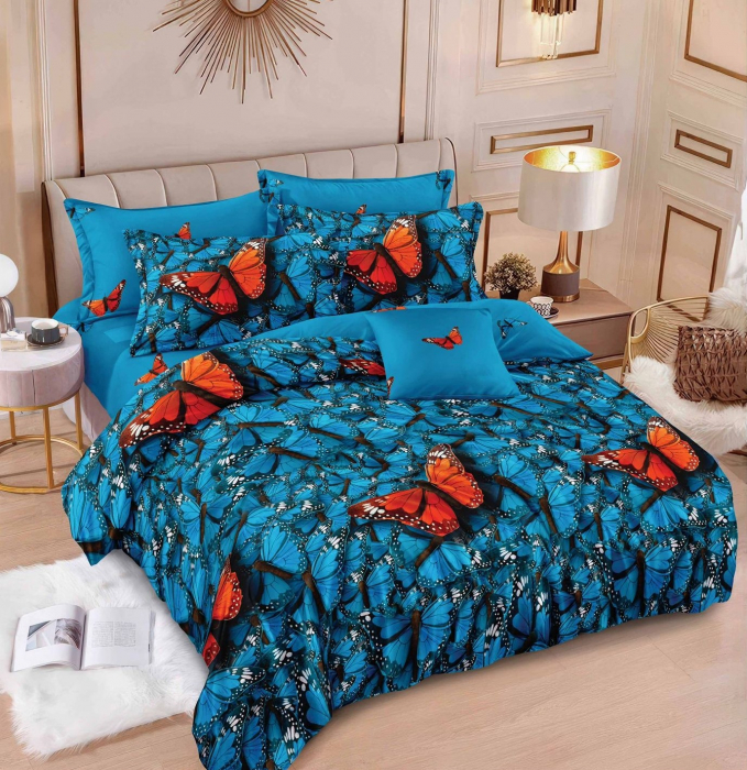 Lenjerie de pat Finet Pucioasa 6 piese,Albastru cu Fluture Rosu-R589 [1]