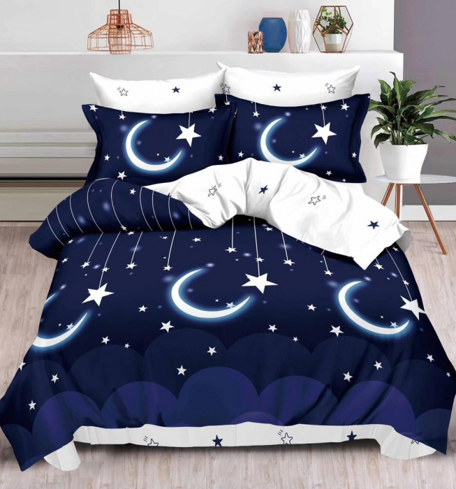 Lenjerie de pat Finet Pucioasa 6 piese,Bleumarin/Alb,Luna si stele -R256 [1]