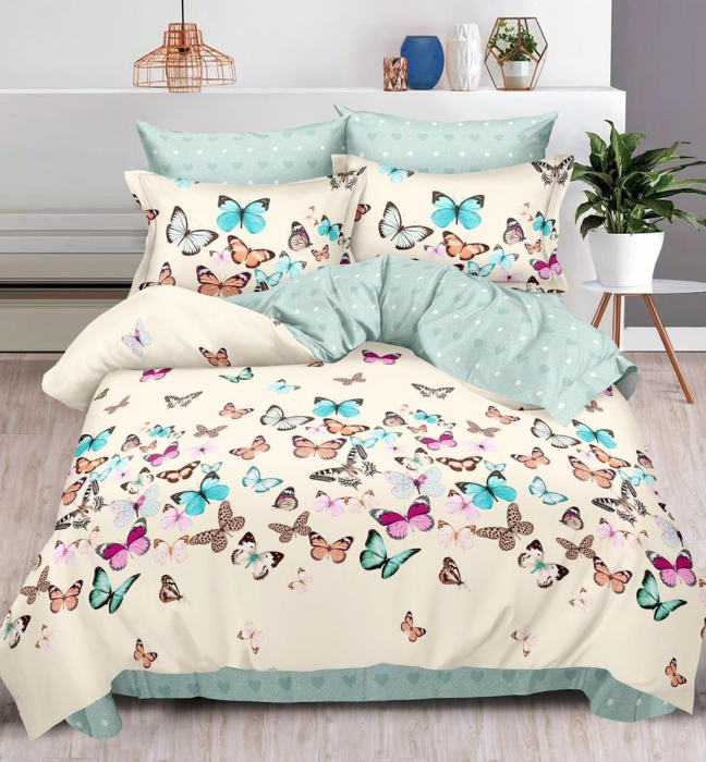 Lenjerie de pat Finet Pucioasa 6 piese,Crem/Bleu cu Fluturi colorati-R226 [1]