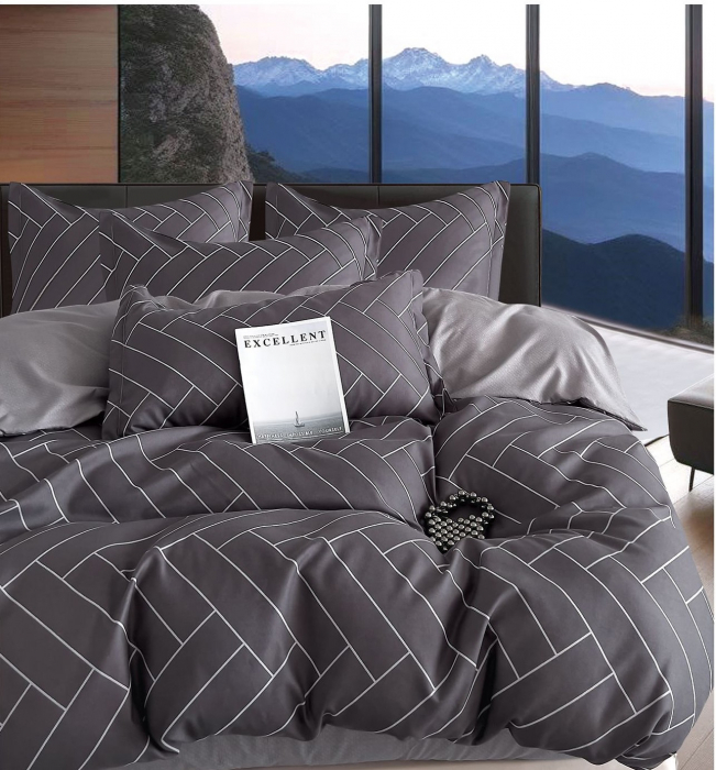 Lenjerie de pat Finet Pucioasa 6 piese,Gri inchis cu forme geometrice-R563 [1]