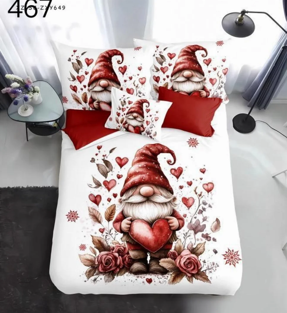Lenjerie pentru pat dublu cu Mos Craciun din FINET cu 6 piese, cu gnomi roșii și inimioare-GR467 [1]