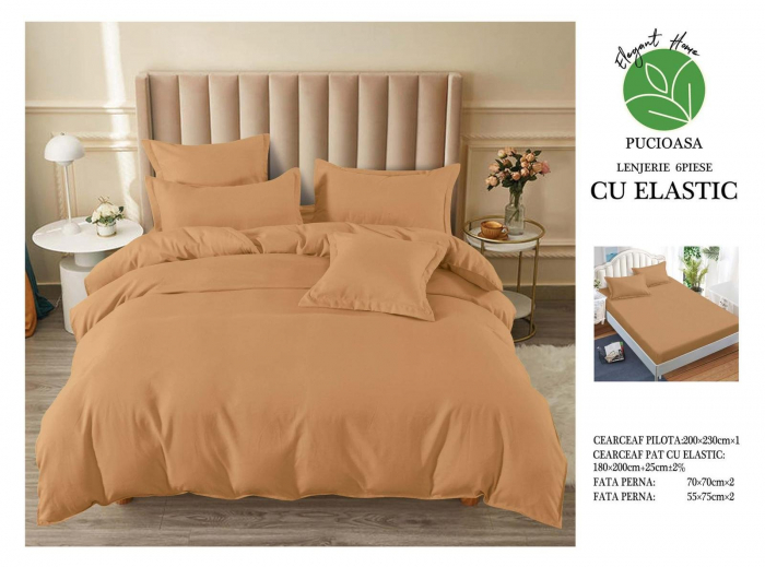 Lenjerii de pat Finet 6 piese cu Elastic,Uni,Maro-UT20 [1]