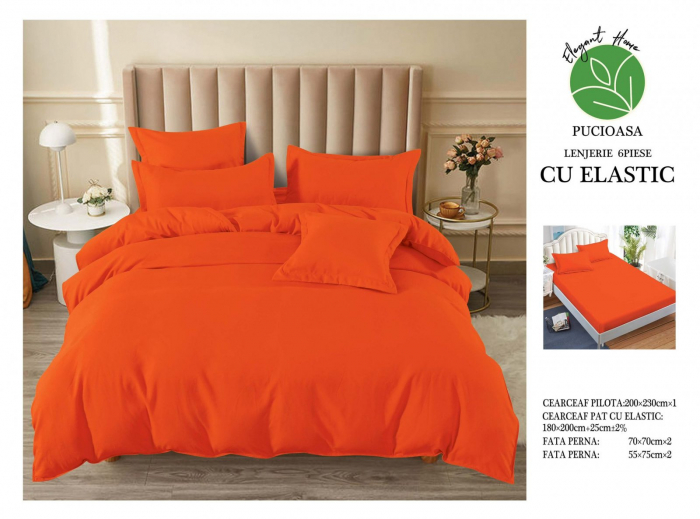 Lenjerii de pat Finet 6 piese cu Elastic,Uni, Portocaliu-UT3 [1]