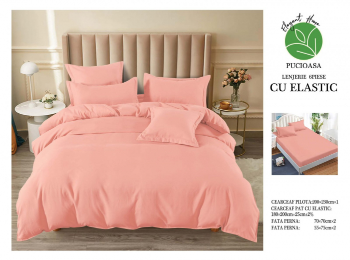 Lenjerii de pat Finet 6 piese cu Elastic,Uni,Roz-UT10 [1]
