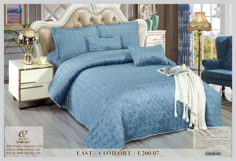 Cuverturi de Catifea - Cuvertura de pat matlasata din catifea cu 4 fete de perna,Bleu-E207