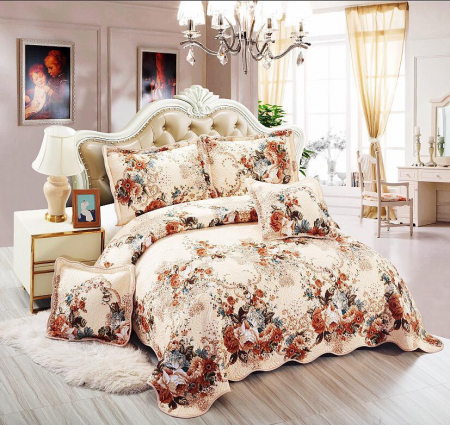 CUVERTURI - Cuvertura matlasata din bumbac 5 piese,Maro cu Bujori-ES97