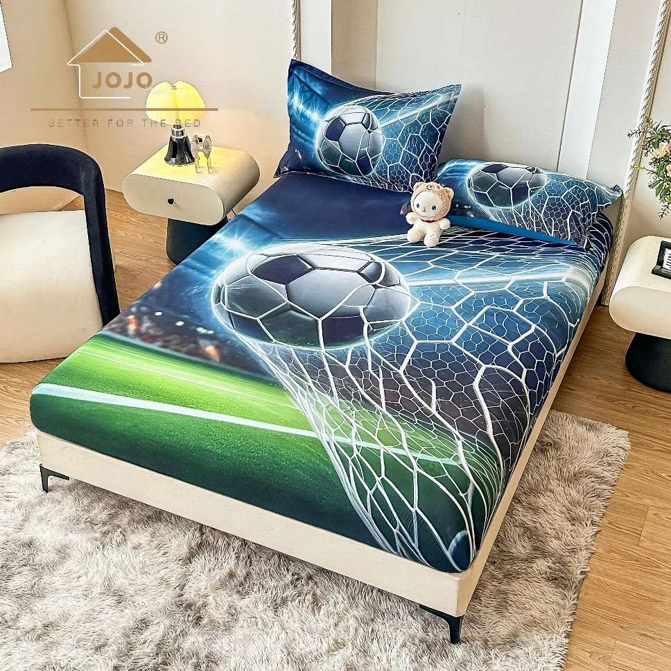 Huse de pat Finet 160x200 cm - Husa de pat cu Elastic 5D,160x200 cm, albastru cu minge de fotbal in plasa-E5