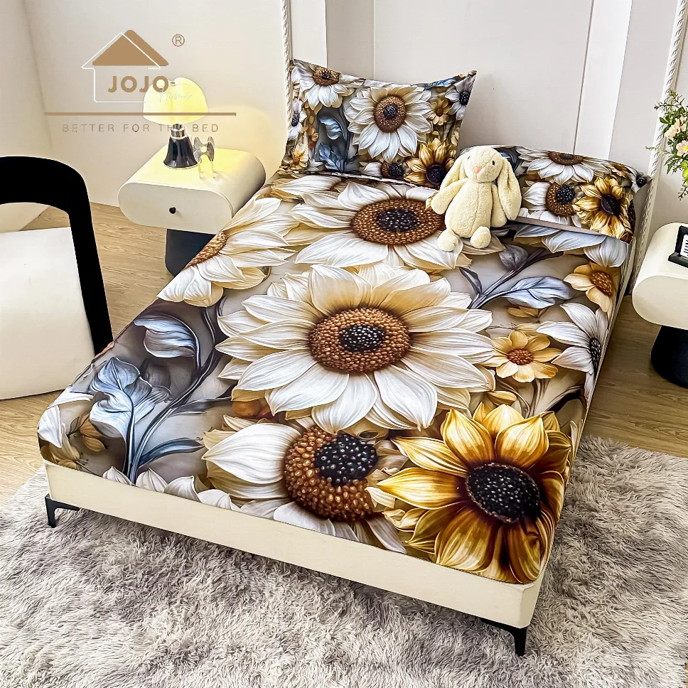 Huse de pat Finet 160x200 cm - Husa de pat cu Elastic 5D,160x200 cm, cu flori de floarea-soarelui 3D-E22