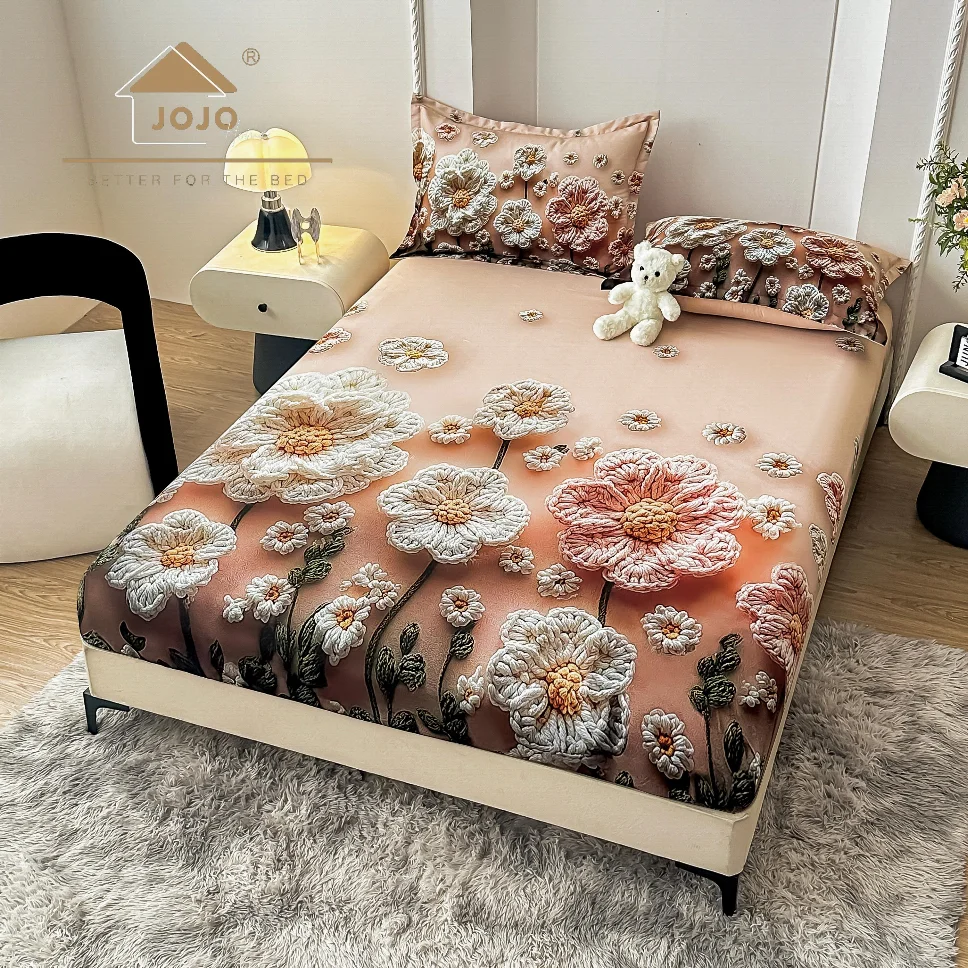 Huse de pat Finet 160x200 cm - Husa de pat cu Elastic 5D,160x200 cm, roz cu flori voluminoase albe și portocalii-E23