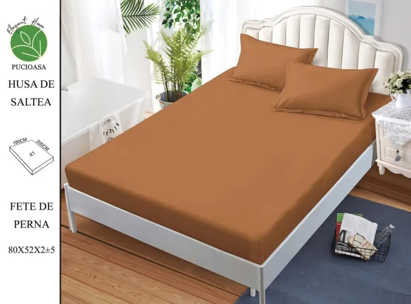 HUSE DE PAT - Husa de pat din Finet cu elastic+ 2 fete  de perna 180x200 ,Maro-HG172