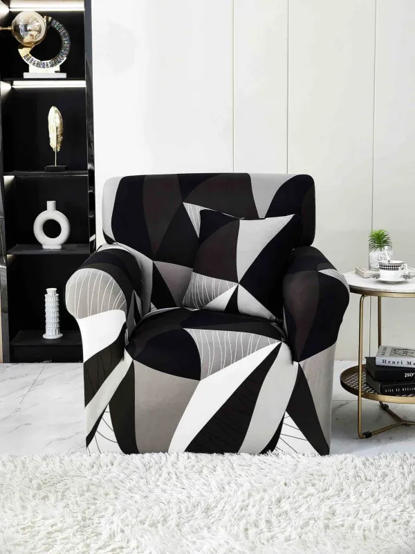 HUSE SCAUNE & CANAPELE - Husa Elastica pentru Fotoliu cu brate,Alb/Negru cu Triunghiuri-S13