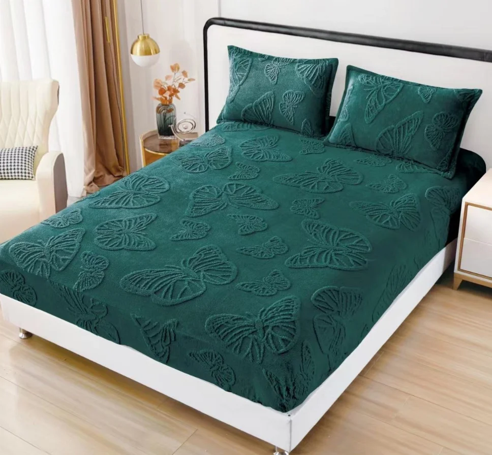 HUSE DE PAT - Huse de pat cocolino 180x200 cm, verde cu fluturi 3D reliefați-HJC125