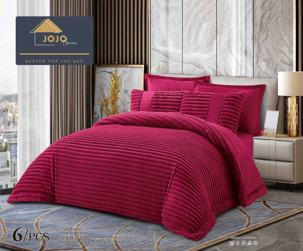 PERNE & PILOTE - Lenjerie cu Pilota din Blanita artificiala de iepure si cearceaf cu elastic ,6 piese, roz intens texturat, catifelat-PBJ14