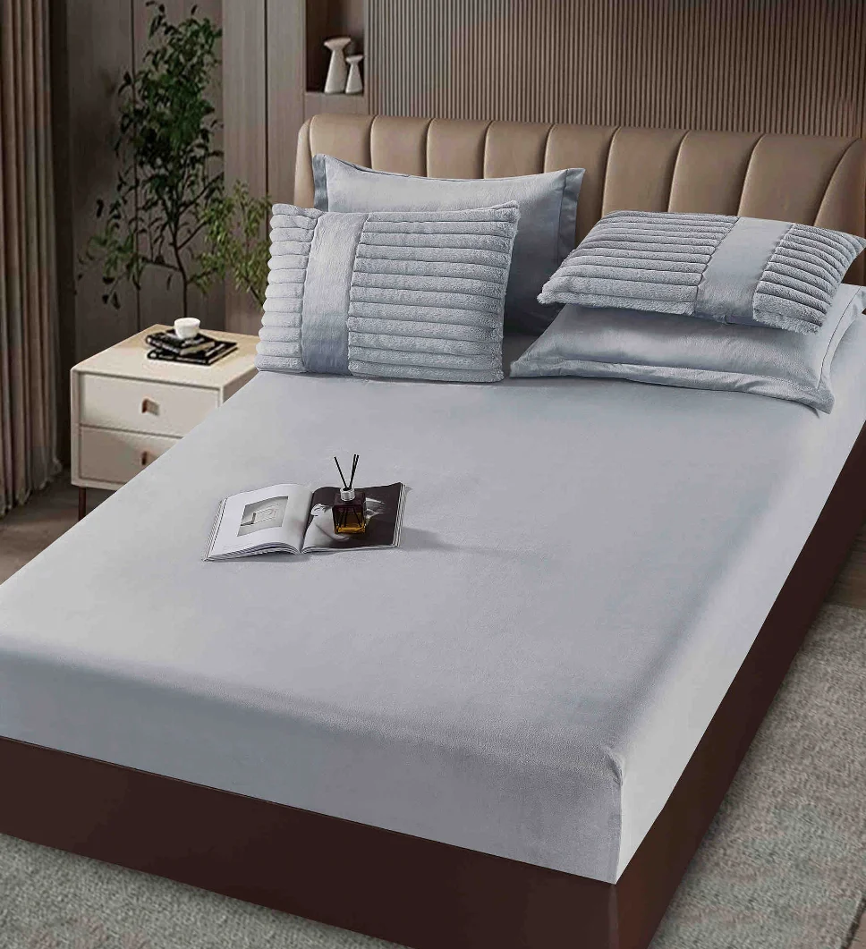 Lenjerie cu Pilota din Blanita artificiala de iepure si cearceaf cu elastic ,6 piese, texturată gri deschis-PBJ19 [2]