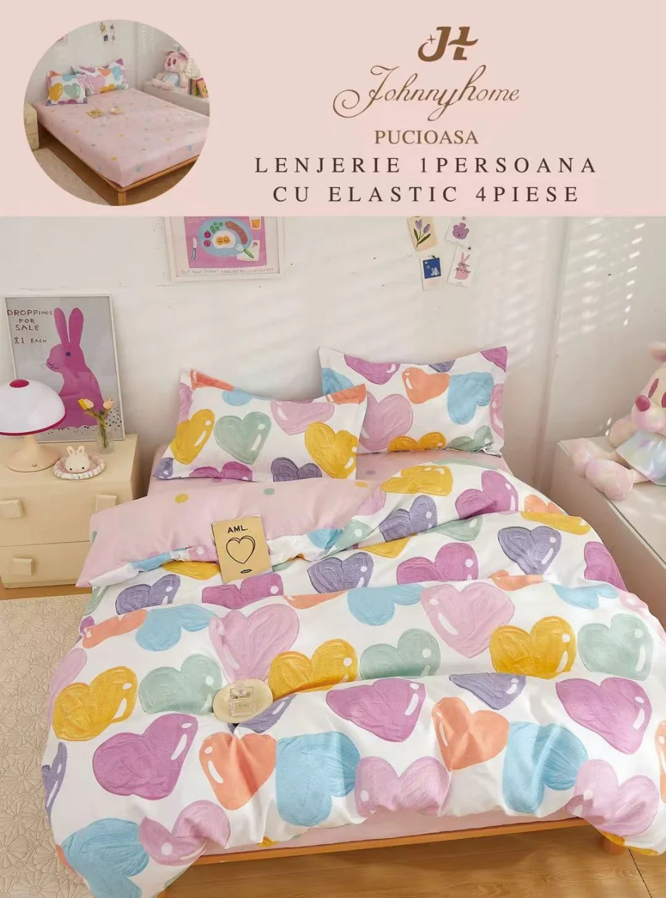 LENJERII DE PAT 1 PERSOANA & COPII - Lenjerie de pat 1 Persoana, alb cu inimi colorate-YE136