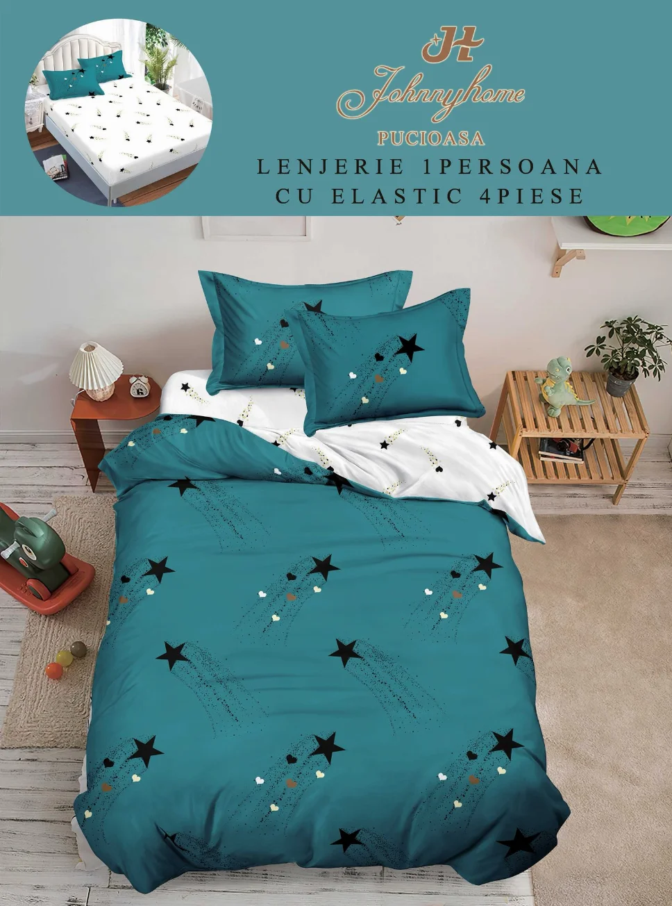 Lenjerii de pat 1 Persoana ELASTIC - Lenjerie de pat 1 Persoana, turcoaz cu stele negre și inimioare-YE135