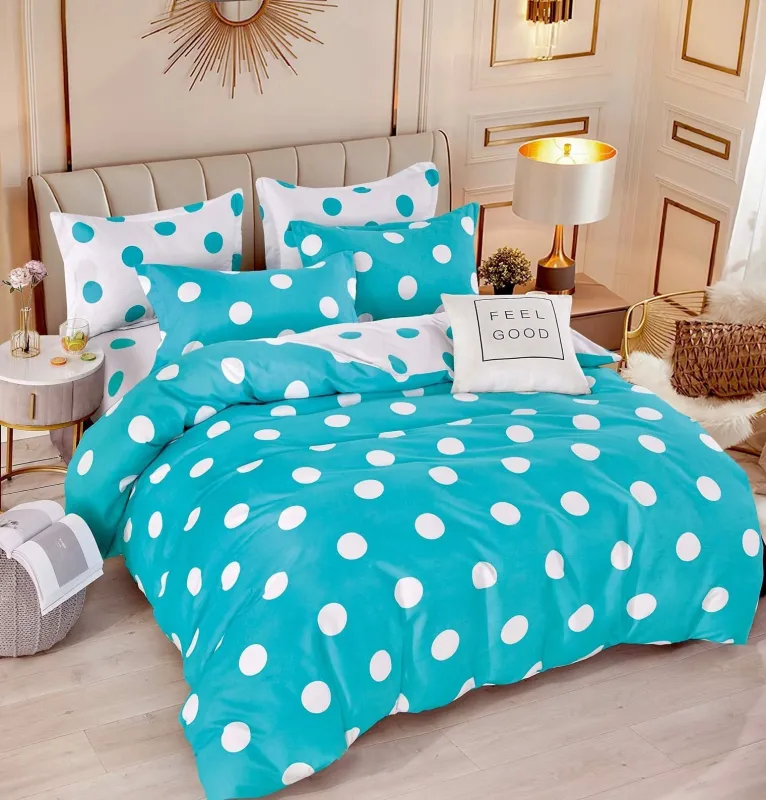 OFERTA 1+1 - Lenjerie de pat,6 Piese, finet,Alb/Bleu cu Buline-FJ170