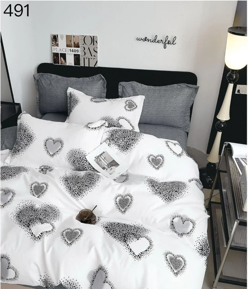 OFERTA 1 DEC LENJERII - Lenjerie de pat 6 piese finet, alb cu inimioare negre-GR491