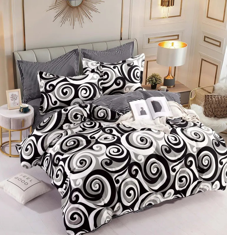 OFERTA  LENJERII - Lenjerie de pat,6 Piese, finet,Alb/Negru si gri Spirala-FJ133