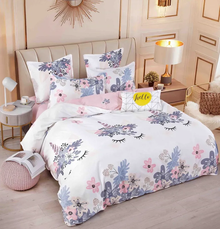 Lenjerii de pat finet JOJO - Lenjerie de pat, 6 Piese, Finet,Alb/Roz Floricele,Unicorn-FJ83
