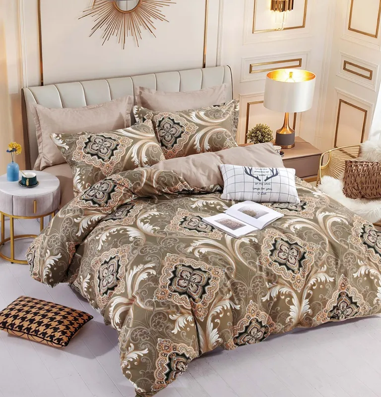 OFERTA 1+1 - Lenjerie de pat,6 Piese, finet,Maro cu forme geometrice-LJ135