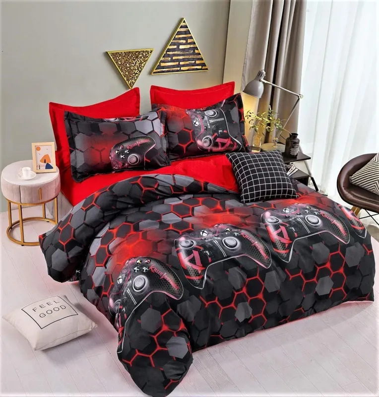 OFERTA 1+1 - Lenjerie de pat,6 Piese, finet,Rosu-Negru, Play Game-FJ158