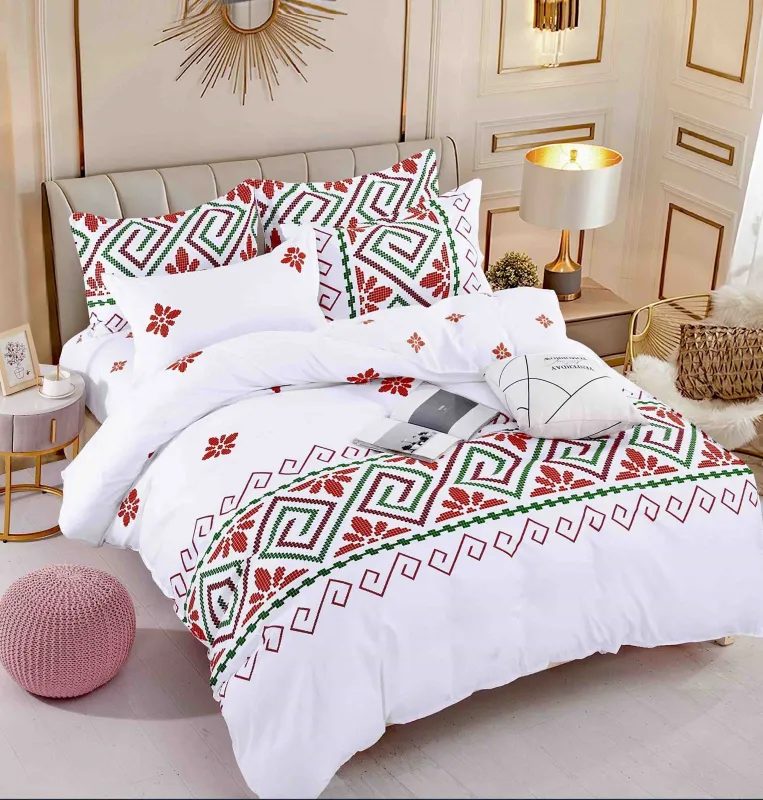 OFERTA  LENJERII - Lenjerie de pat, 6 Piese, Finet,Rosu/Verde cu motive traditionale-FJ101