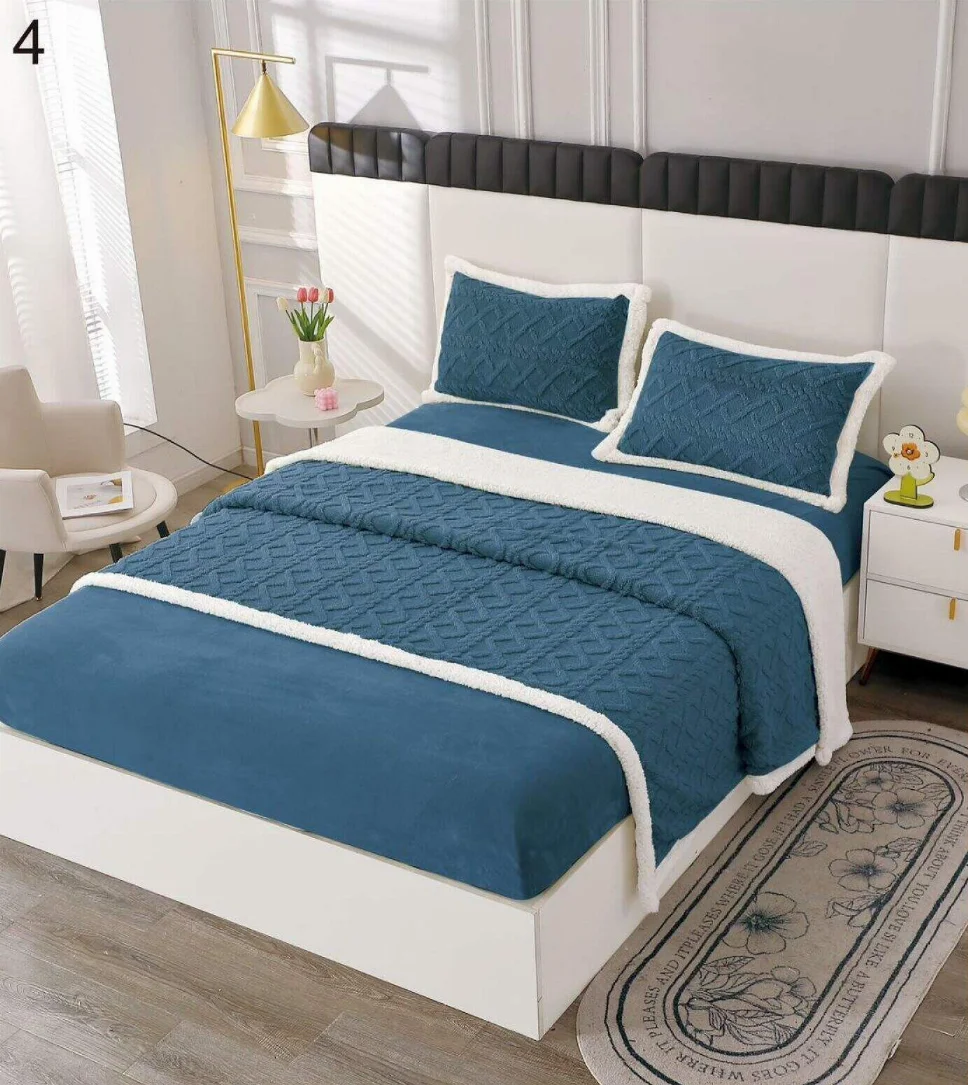 LENJERII DE PAT - Lenjerie de pat Cocolino cu Blanita si cerceaf cu elastic 2 persoane, albastru cu alb elegant-BL4
